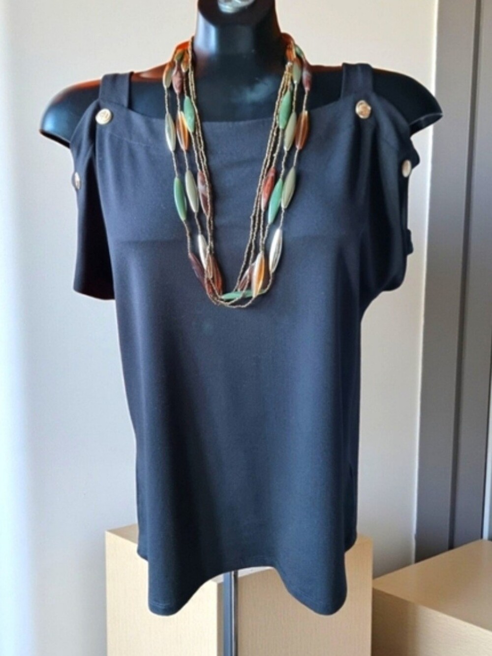 Cable & Gauge Black Women's Cold Shoulder Top With Gold Buttons & Necklace